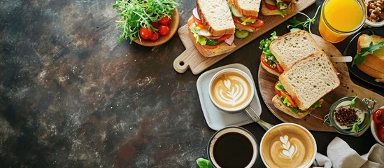Foto op Aluminium Breakfast with club sandwiches with fresh tomatoes lettuce and cucumbers salmon trout coffee and freshly squeezed juice on white stone concrete table top view copy space. with copy space image © vxnaghiyev