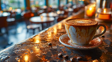 Coffee cup on the table in coffee shop, stock photo