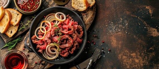 Beef tartare dish with onion rings served with toast bread. with copy space image. Place for adding text or design