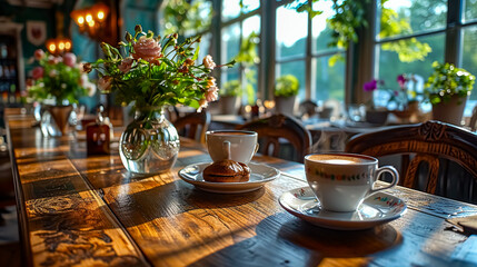 Coffee cup on the wooden table in coffee shop, stock photo.  - obrazy, fototapety, plakaty