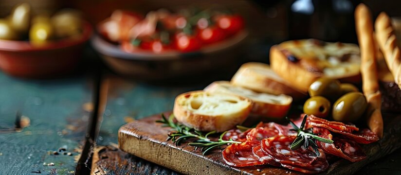 Cured meat and cheese platter of traditional Spanish tapas chorizo salsichon jamon serrano lomo and slices of goat cheese served on wooden board with olives and bread sticks. with copy space image