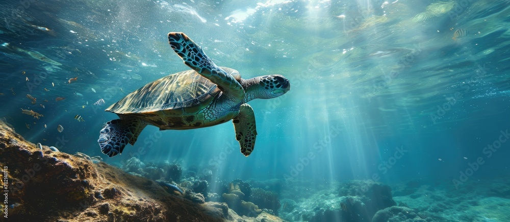 Poster Green Sea Turtle Chelonia mydas Underwater. with copy space image. Place for adding text or design