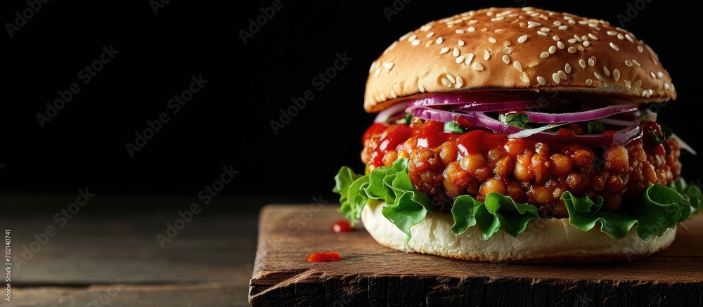 Aufkleber delicious mexican vegan burger with chickpeas onion lettuce and spicy chili sauce. with copy space i