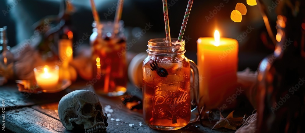 Poster Halloween table setting for drinks A glass jar with straws candles and a skull on a dark background Halloween decorations. with copy space image. Place for adding text or design