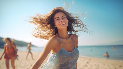 Fototapeta na wymiar Portrait of beautiful young woman with flying hair on the beach.