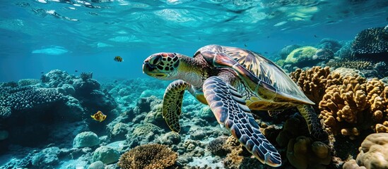 Green sea turtle eating on the reef Red Sea. with copy space image. Place for adding text or design - obrazy, fototapety, plakaty