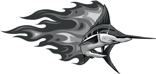 monochromatic marlin with flames on white background