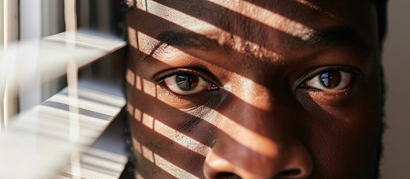 African man looking through window blinds. with copy space image. Place for adding text or design