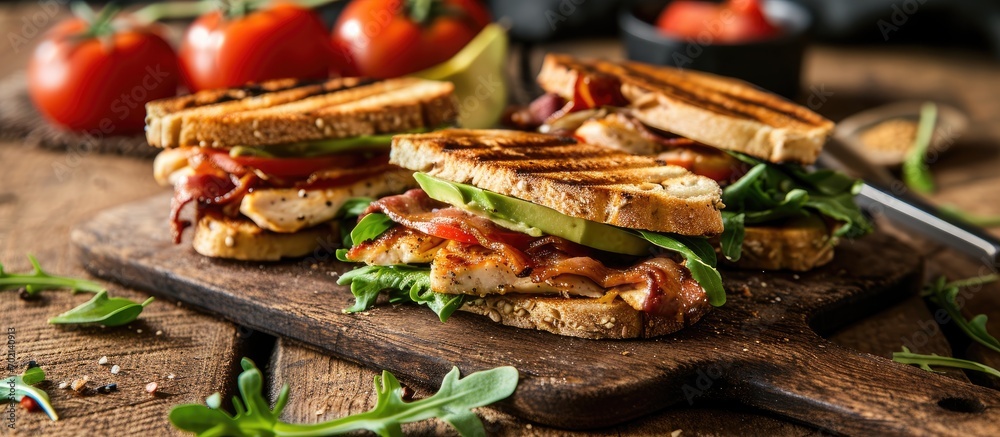 Poster Grilled BLT Bacon Lettuce and Tomato Sandwiches with Chicken and Avocado. with copy space image. Place for adding text or design