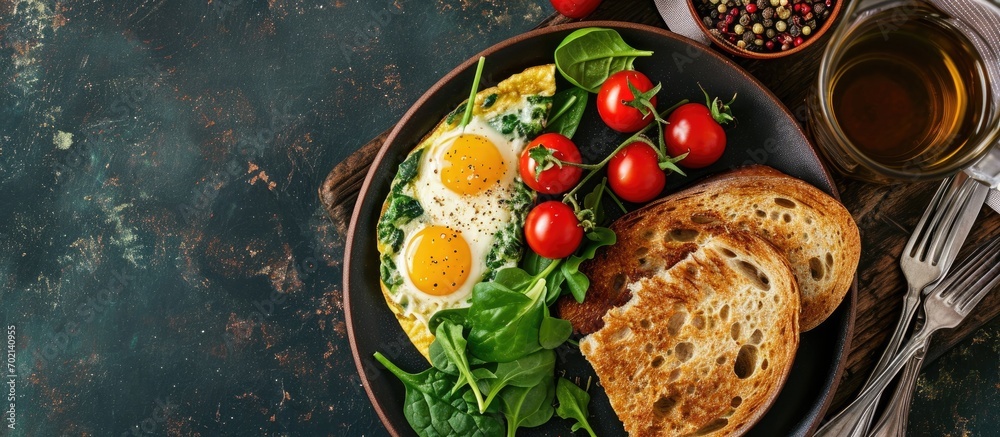 Poster a wholesome breakfast of spinach omelette cherry tomatoes grated cheese fresh veggies and whole grai