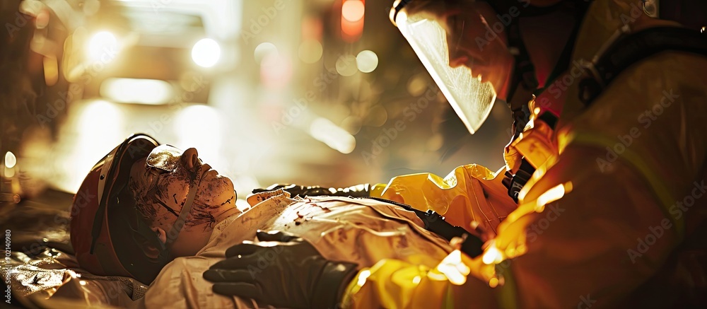 Poster A firefighter leans over to check the pulse and breathing of a victim lying on the floor Saving people. with copy space image. Place for adding text or design