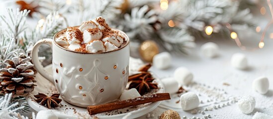 Cup of tasty cocoa drink and marshmallows in blue cup Spices and marshmallows for winter drinks on white texture table Winter hot drink Hot chocolate with marshmallow and spices Copy space