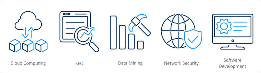 A set of 5 Hard Skills icons as cloud computing, seo, data mining