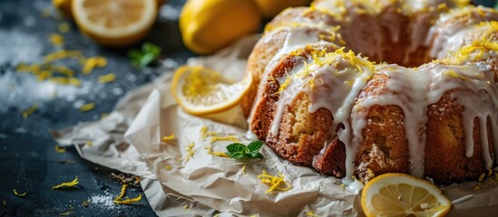Classic lemon pound cake with powdered sugar glaze sliced on parchment paper topped with lemon zest. with copy space image. Place for adding text or design - obrazy, fototapety, plakaty