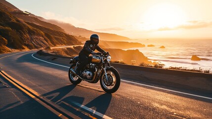 Motorcyclist Riding on Coastal Highway at Sunset, Scenic Ocean View with Golden Sky