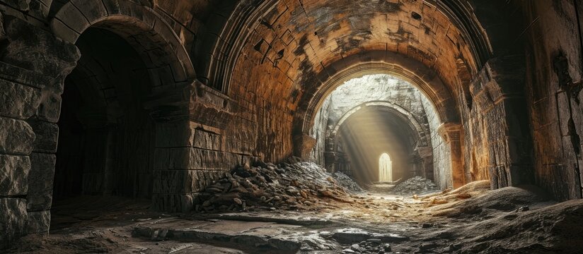 Abandoned underground fort A historical derelict building with multiple tunnels. with copy space image. Place for adding text or design