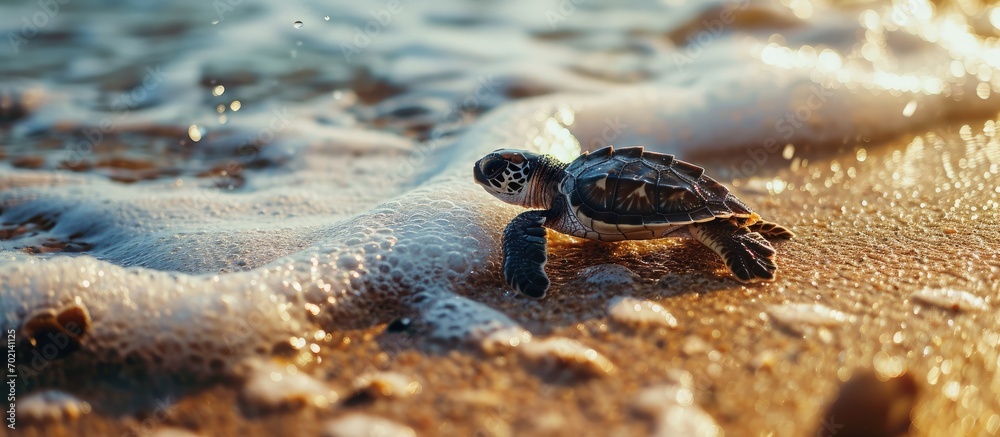 Poster Baby turtle released for first time to beach. with copy space image. Place for adding text or design
