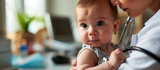 Baby at the doctor getting breath check up with stethoscope. with copy space image. Place for adding text or design
