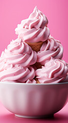 Pink ice cream in a waffle cone on a pink background.