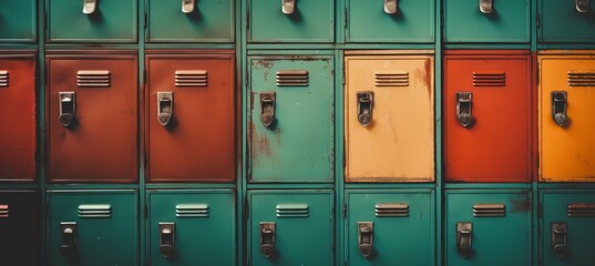 Old rusty school lockers background. Generative AI technology.