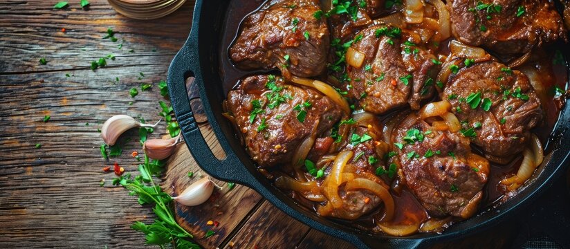 Bistek Tagalog Filipino Beef Steak is made of thinly sliced sirloin braised in a mixture of citrus soy sauce onions and garlic. with copy space image. Place for adding text or design
