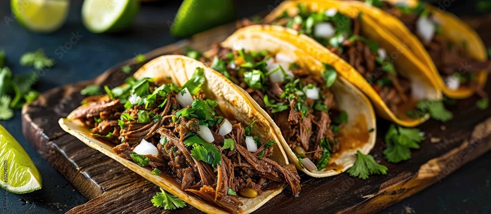 Poster a plate of mexican beef birria tacos witthe dipping sauce juices with shredded beef herbs and broth.
