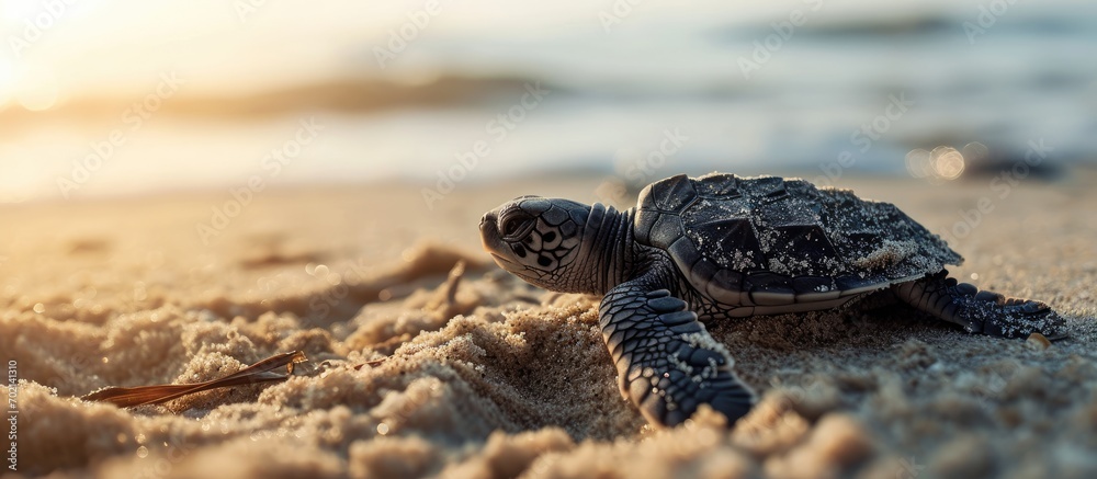 Poster Baby turtle released for first time to beach. with copy space image. Place for adding text or design