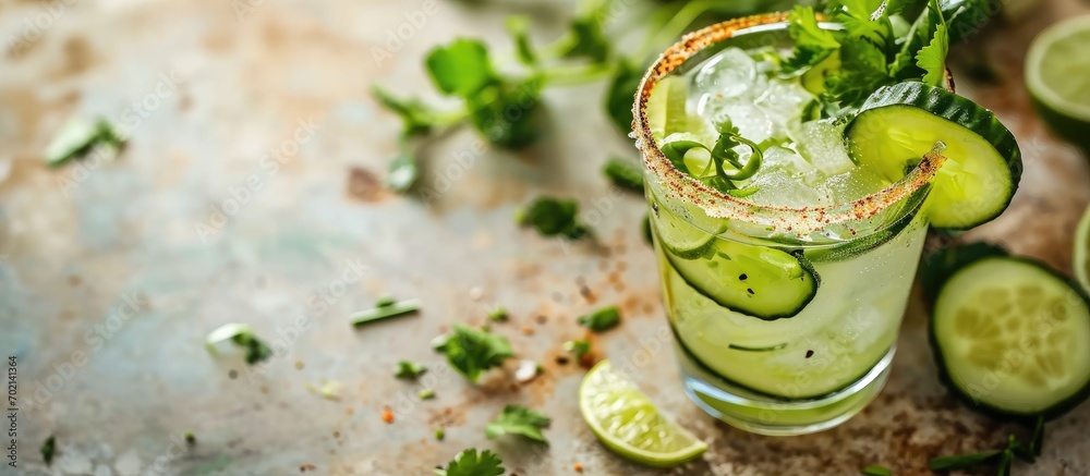 Fototapete Cucumber margarita with lime and spicy rim refreshing spring cocktail. with copy space image. Place for adding text or design