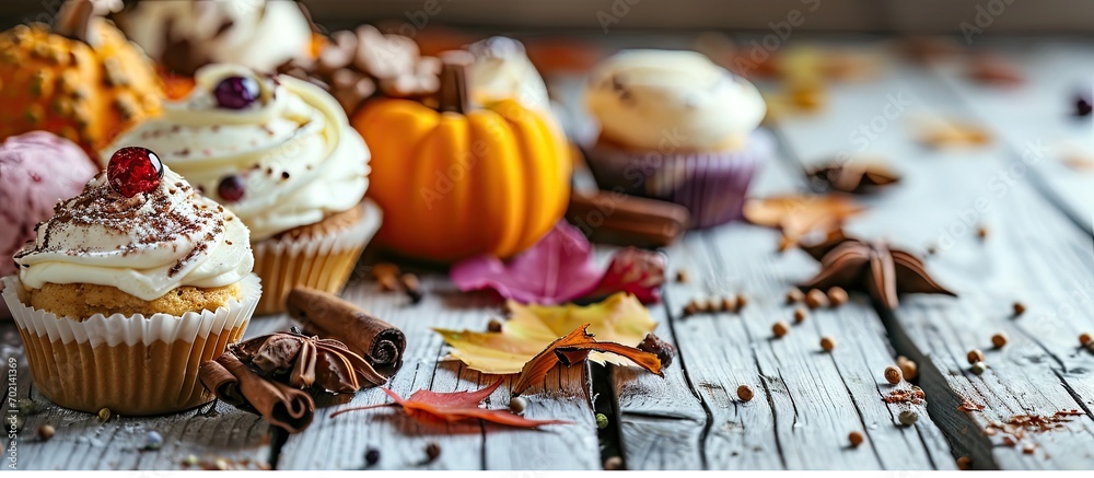 Aufkleber Autumn desserts side border Table scene with an assortment of traditional fall sweet treats Above view over a white wood background Copy space. with copy space image. Place for adding text or design