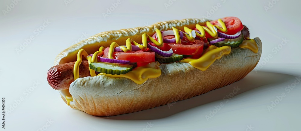 Aufkleber chicago style hot dog with mustard pickle tomato relish and onion. with copy space image. place for 