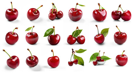 set of red cherries on isolate transparency background, PNG