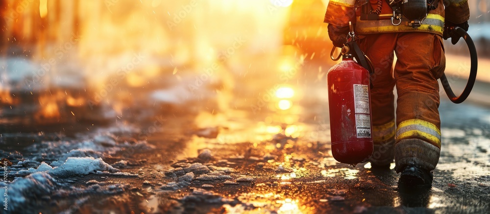 Poster Fireman showing how to use a fire extinguisher. with copy space image. Place for adding text or design