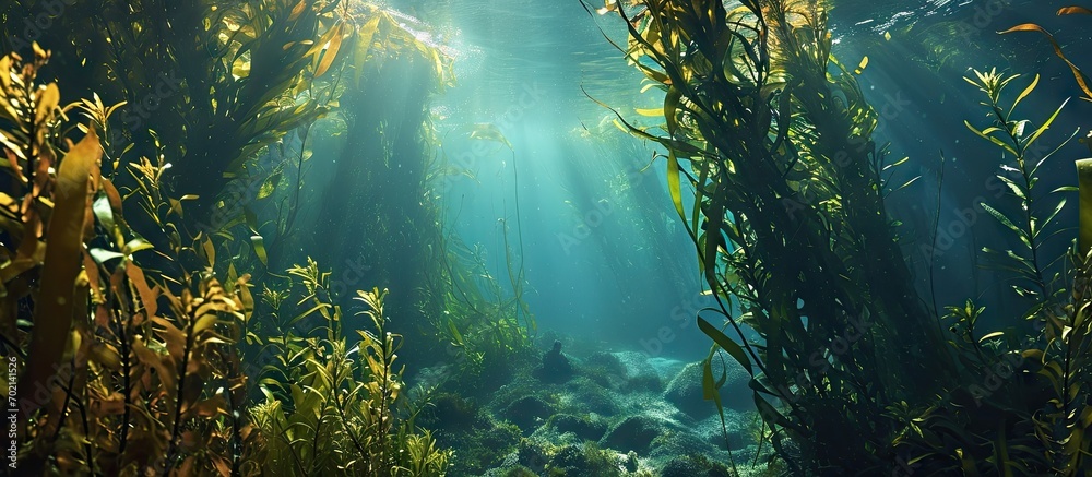 Aufkleber a kelp forest with ecklonia maxima from below with the tall stalks reaching up to the water surface 