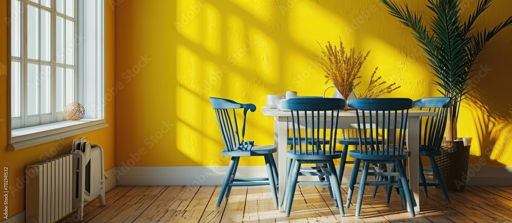 Poster a dining room with yellow walls and wooden flooring two blue chairs and a white table in the corner.