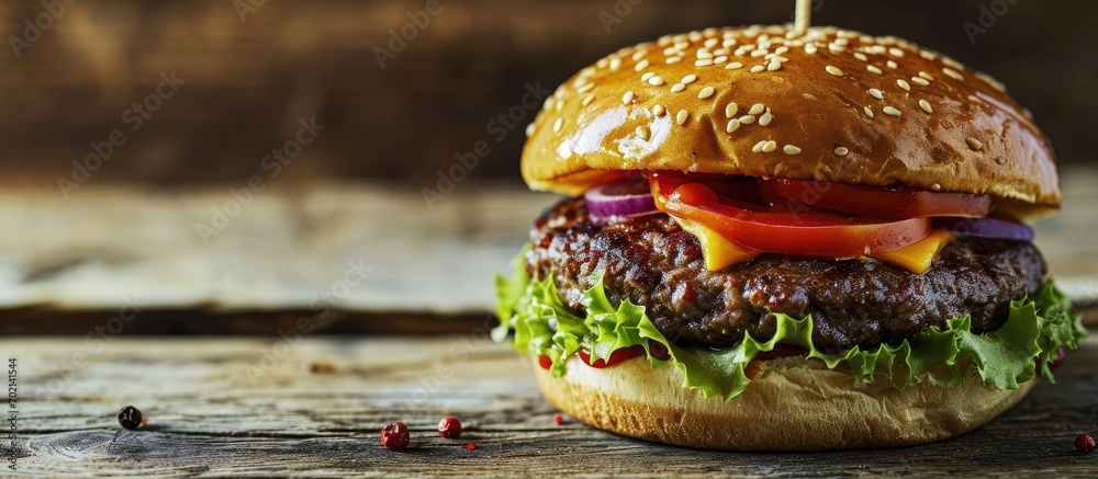 Poster Cheeseburger with beef tomato lettuce and onion on wooden table. with copy space image. Place for adding text or design