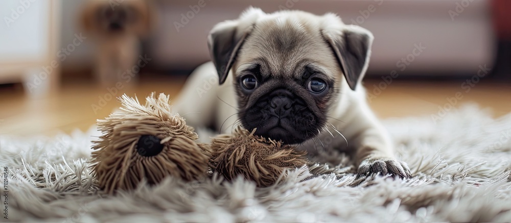 Poster a pug puppy plays with a bright blue soft toy made of faux fur on a light carpet. with copy space im