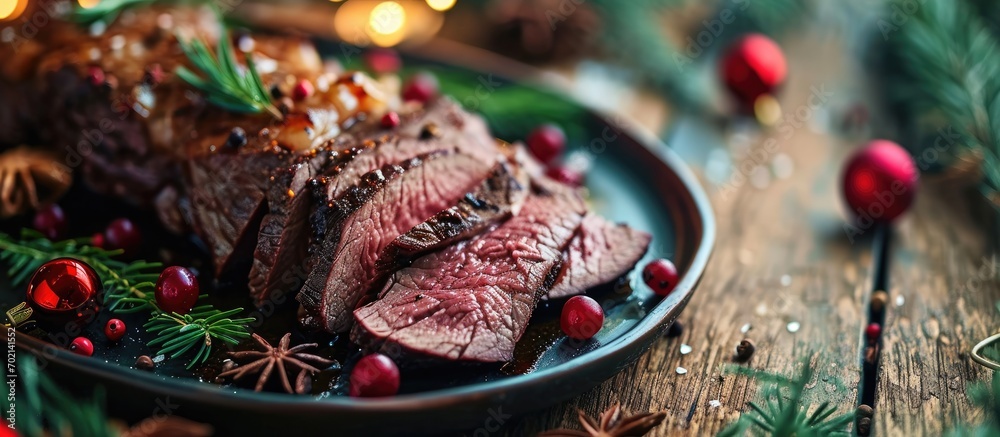 Poster boneless beef roast on a serving platter sliced for a holiday dinner. with copy space image. place f