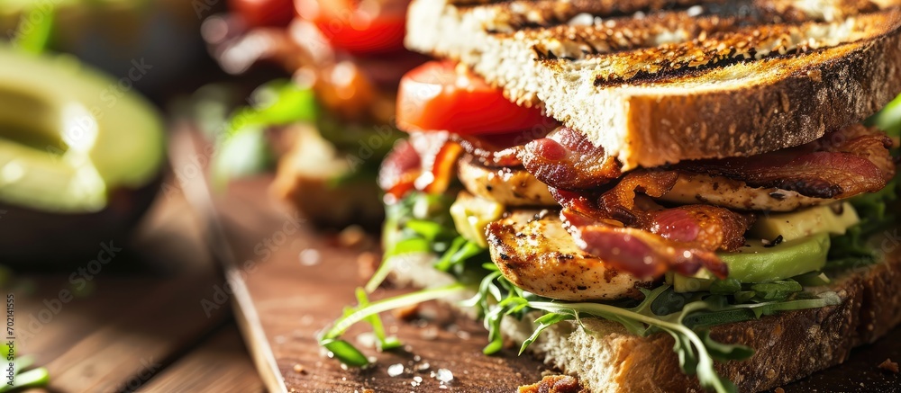 Poster grilled blt bacon lettuce and tomato sandwiches with chicken and avocado. with copy space image. pla