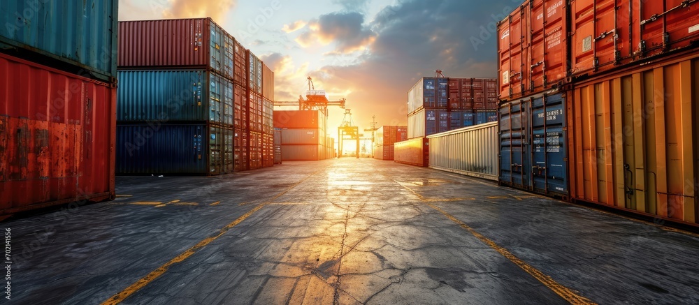 Poster Container Yard Import and Export Trade View. with copy space image. Place for adding text or design
