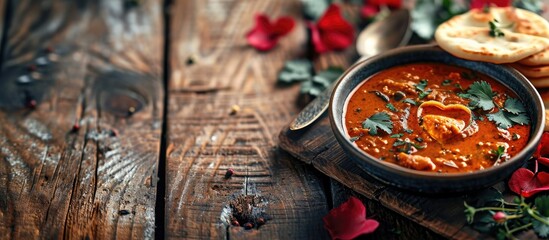 Dal Makhani served with heart shaped roti Paratha as valentine s day breakfast selective focus. with copy space image. Place for adding text or design - obrazy, fototapety, plakaty