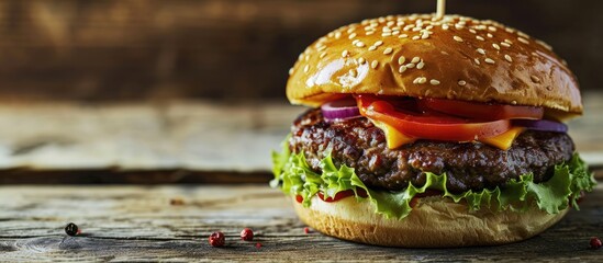 Cheeseburger with beef tomato lettuce and onion on wooden table. with copy space image. Place for adding text or design