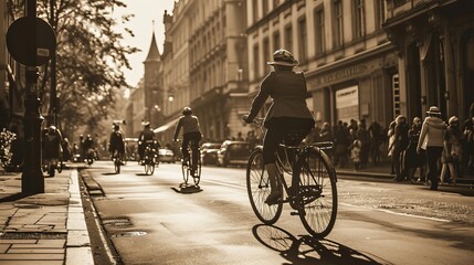 Cyclists Riding on Urban Street in Golden Hour Light, City Architecture and Pedestrians in Background