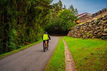 Fototapeta premium Asphalt way with bicyclists near forest. Calm background.