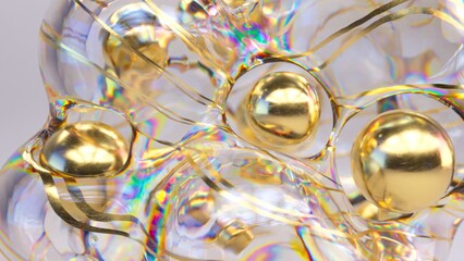 Abstract translucent bubble cluster with golden cores, 3D illustration
