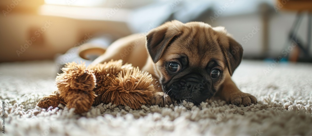 Poster a pug puppy plays with a bright blue soft toy made of faux fur on a light carpet. with copy space im