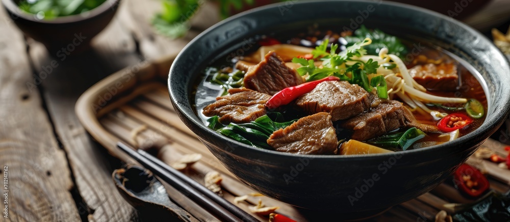 Poster fresh are beef soup in tainan of taiwan famous cuisine. with copy space image. place for adding text
