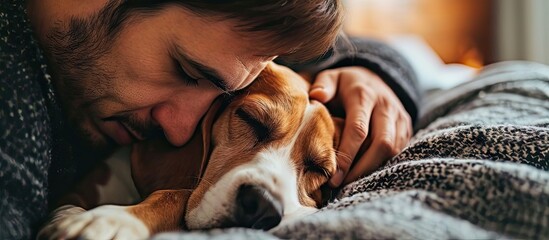 boy and faithful beagle sharing a loving embrace in a charming snapshot Picture perfect moment of a dog lover cuddling with his furry companion radiating happiness. with copy space image - obrazy, fototapety, plakaty