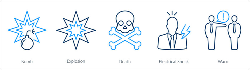 A set of 5 Hazard Danger icons as bomb, explosion, death, electrical shock