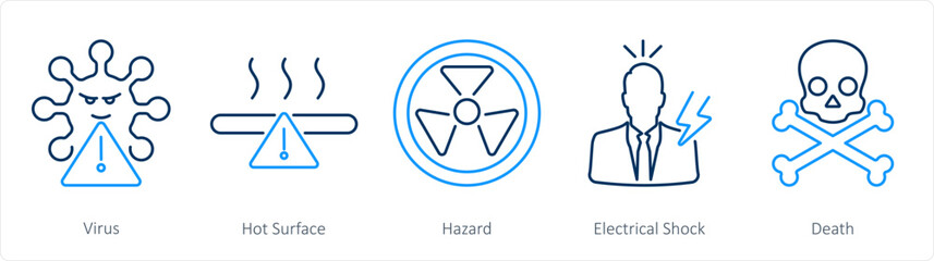 A set of 5 Hazard Danger icons as virus, hot surface, hazard