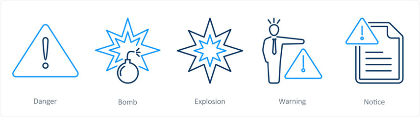 A set of 5 Hazard Danger icons as danger, bomb, explosion